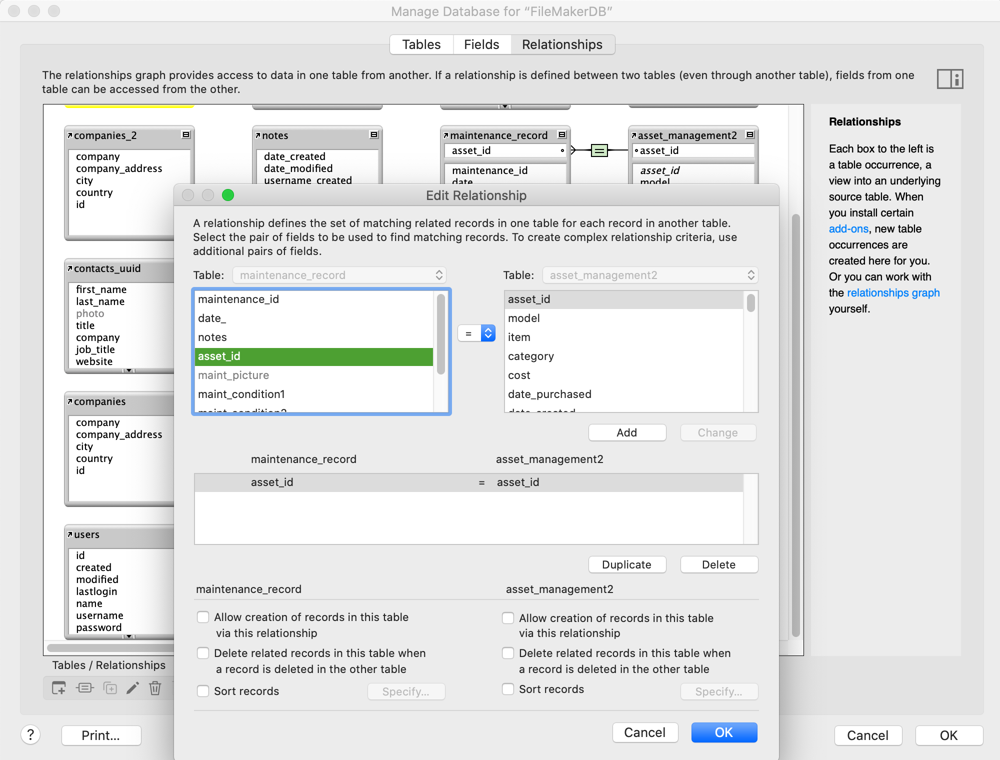 FileMaker Edit Relationship Dialog